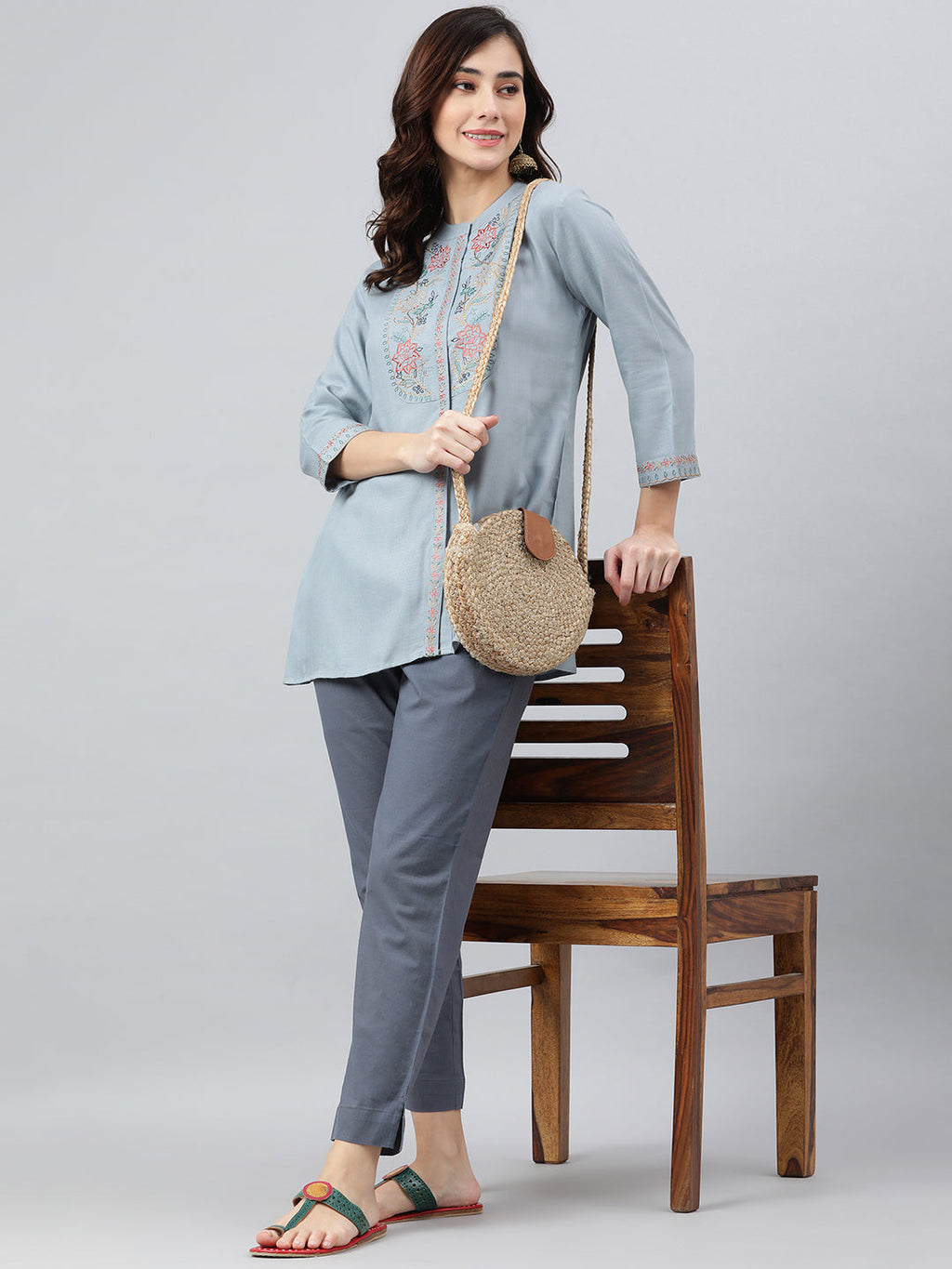 Janasya Women's Blue Rayon Slub Embroidered A-Line Top | Grocsy