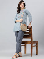 Janasya Women's Blue Rayon Slub Embroidered A-Line Top | Grocsy