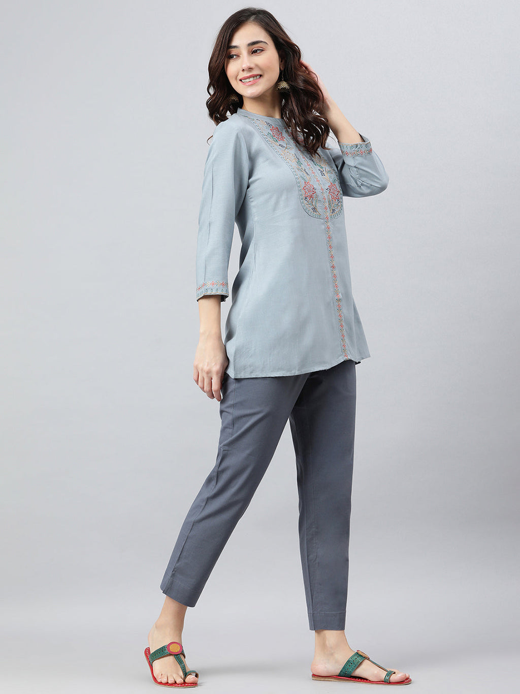 Janasya Women's Blue Rayon Slub Embroidered A-Line Top | Grocsy