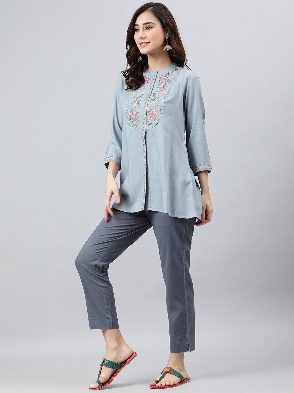 Janasya Women's Blue Rayon Slub Embroidered A-Line Top | Grocsy