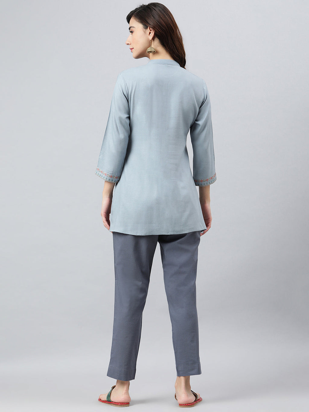 Janasya Women's Blue Rayon Slub Embroidered A-Line Top | Grocsy