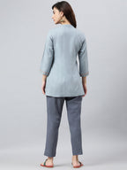 Janasya Women's Blue Rayon Slub Embroidered A-Line Top | Grocsy