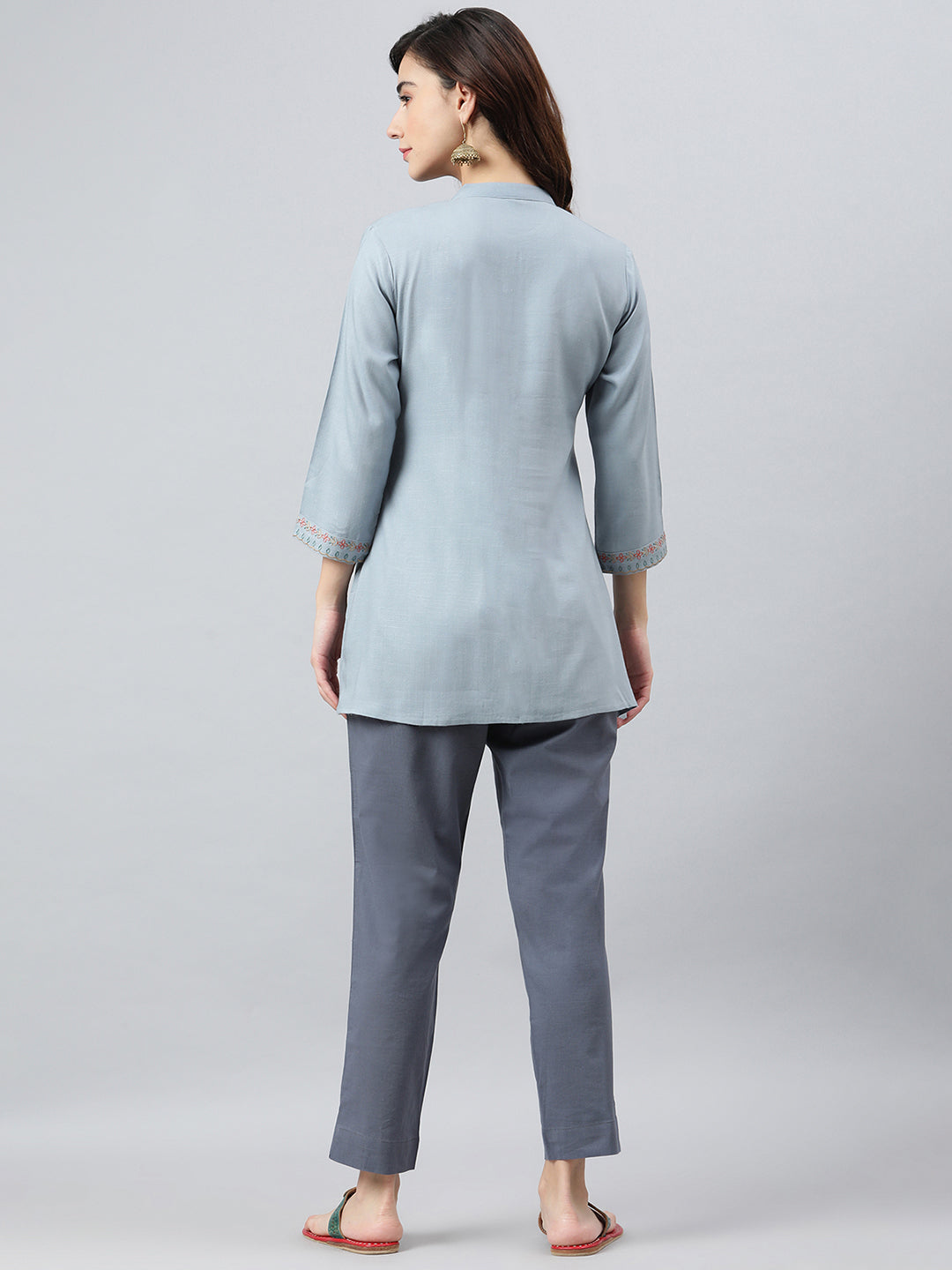 Janasya Women's Blue Rayon Slub Embroidered A-Line Top | Grocsy