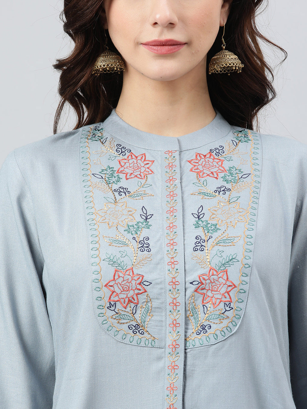 Janasya Women's Blue Rayon Slub Embroidered A-Line Top | Grocsy
