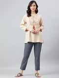 Janasya Women's Beige Rayon Slub Embroidered A-Line Top | Grocsy