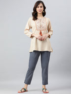 Janasya Women's Beige Rayon Slub Embroidered A-Line Top | Grocsy