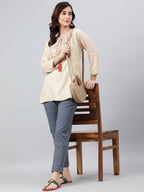 Janasya Women's Beige Rayon Slub Embroidered A-Line Top | Grocsy