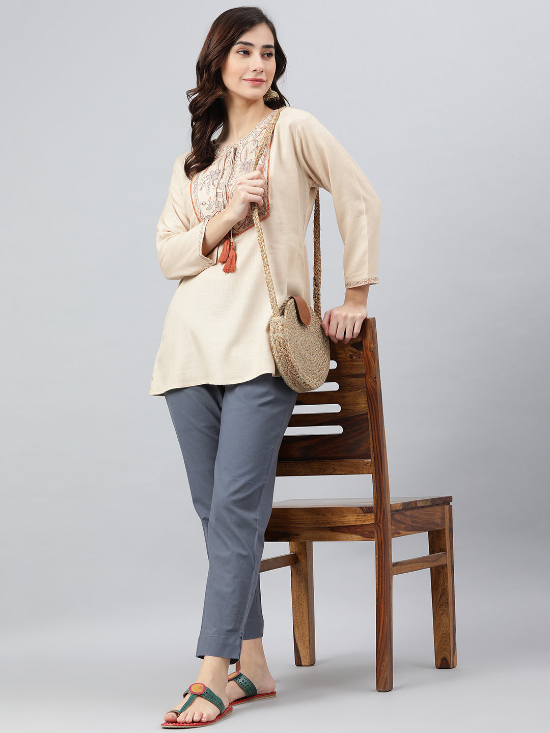 Janasya Women's Beige Rayon Slub Embroidered A-Line Top | Grocsy