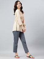 Janasya Women's Beige Rayon Slub Embroidered A-Line Top | Grocsy