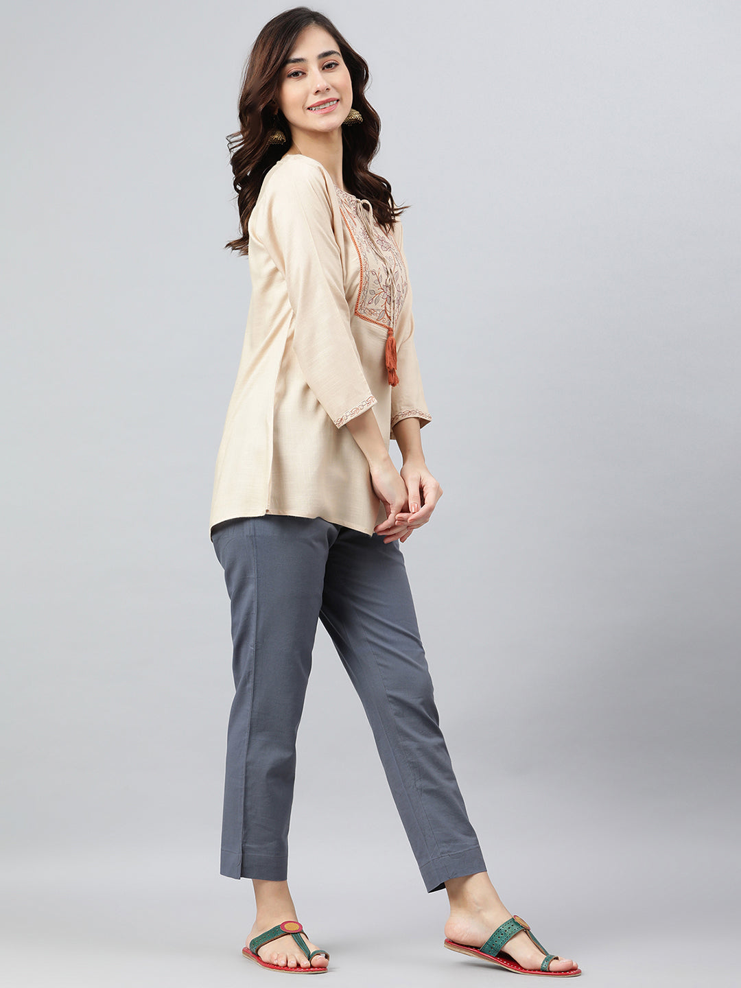 Janasya Women's Beige Rayon Slub Embroidered A-Line Top | Grocsy