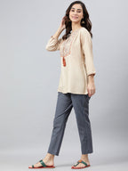 Janasya Women's Beige Rayon Slub Embroidered A-Line Top | Grocsy