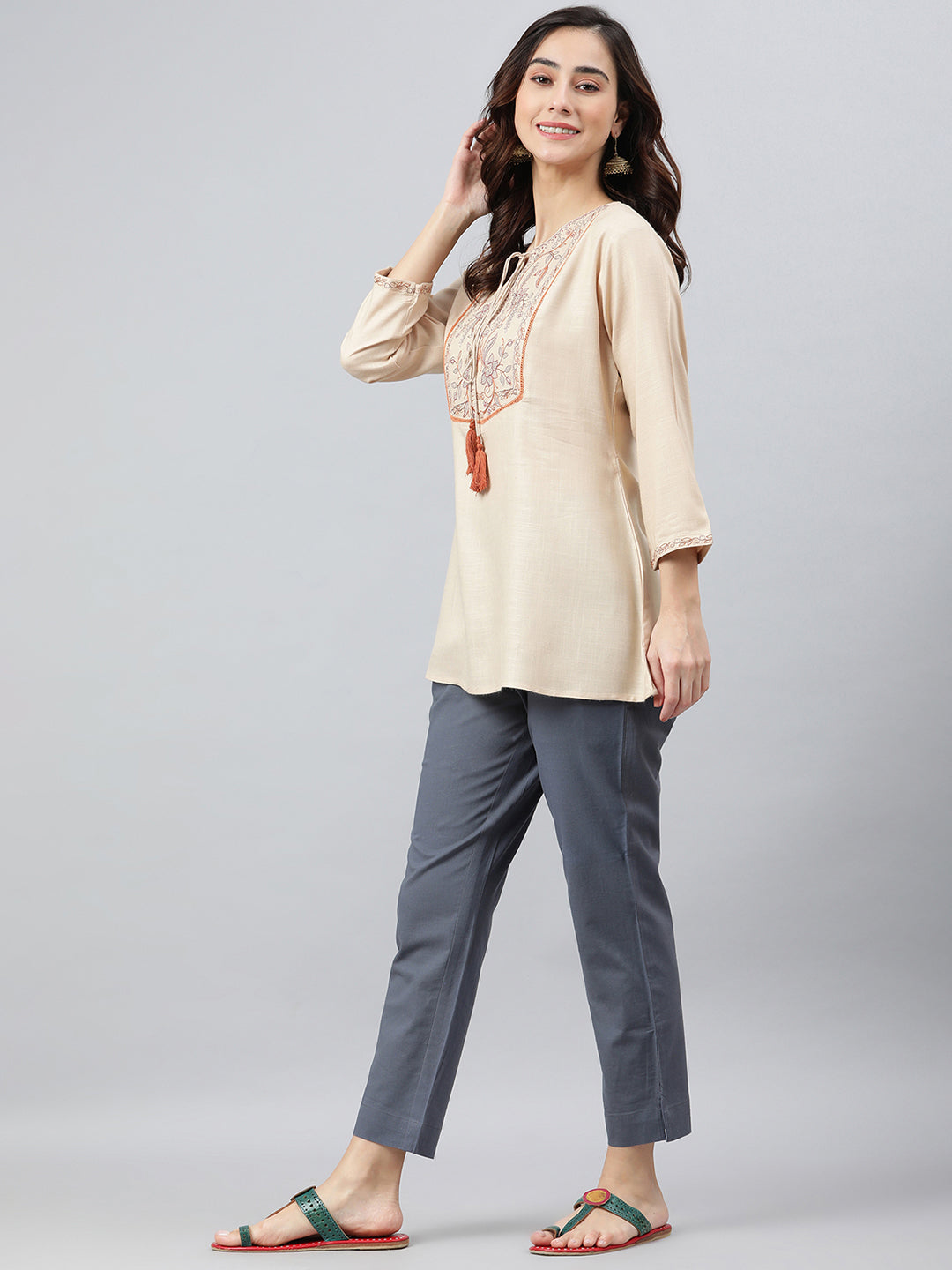 Janasya Women's Beige Rayon Slub Embroidered A-Line Top | Grocsy