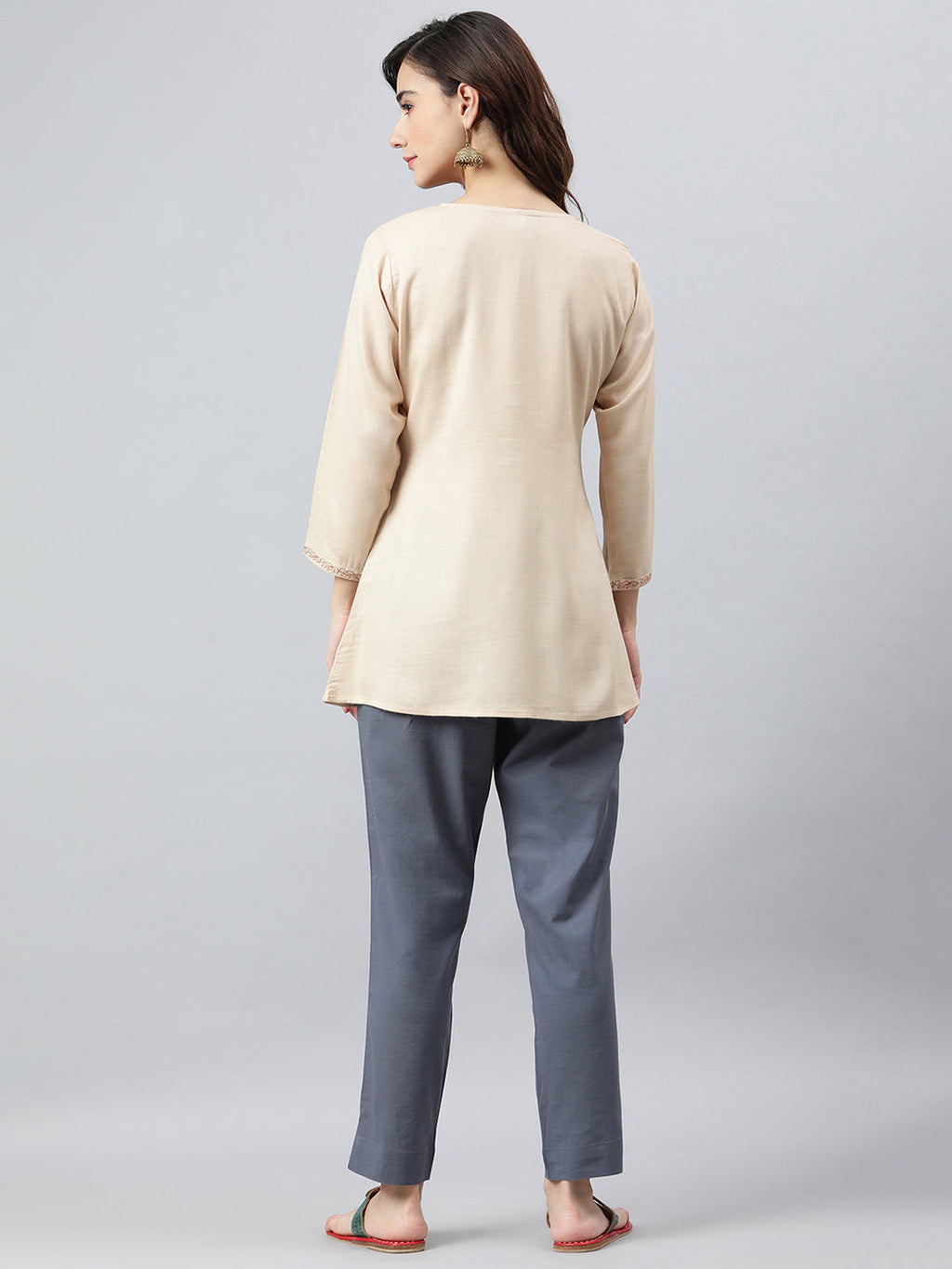Janasya Women's Beige Rayon Slub Embroidered A-Line Top | Grocsy