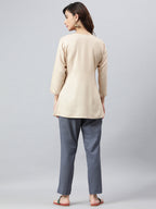 Janasya Women's Beige Rayon Slub Embroidered A-Line Top | Grocsy
