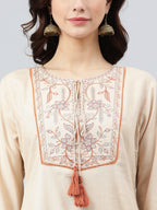 Janasya Women's Beige Rayon Slub Embroidered A-Line Top | Grocsy