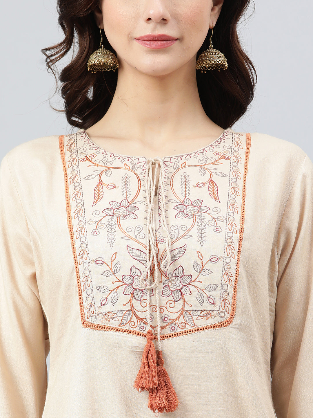 Janasya Women's Beige Rayon Slub Embroidered A-Line Top | Grocsy