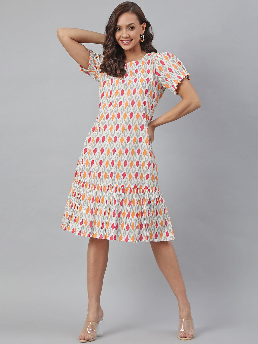 Janasya Women's Off White Cotton Printed A-line Western Dress | Grocsy