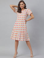 Janasya Women's Off White Cotton Printed A-line Western Dress | Grocsy
