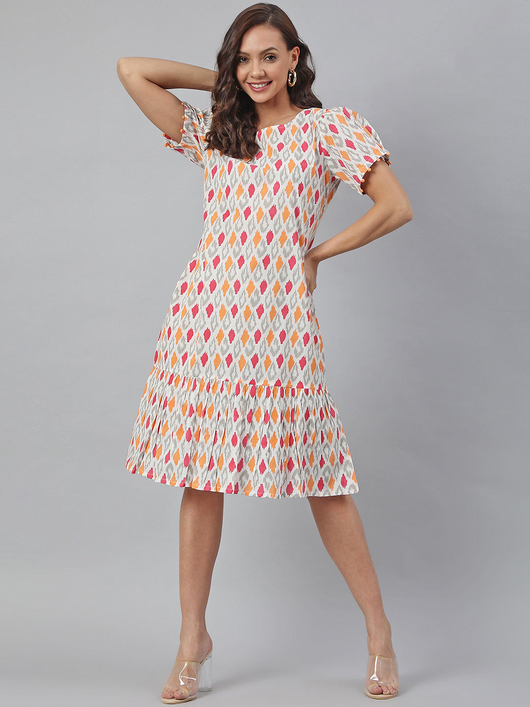 Janasya Women's Off White Cotton Printed A-line Western Dress | Grocsy