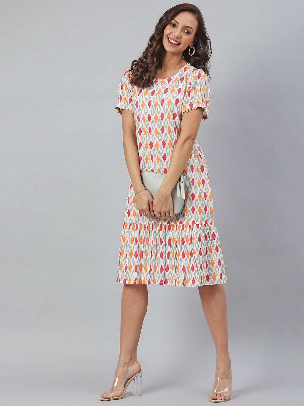 Janasya Women's Off White Cotton Printed A-line Western Dress | Grocsy