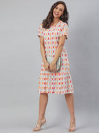 Janasya Women's Off White Cotton Printed A-line Western Dress | Grocsy