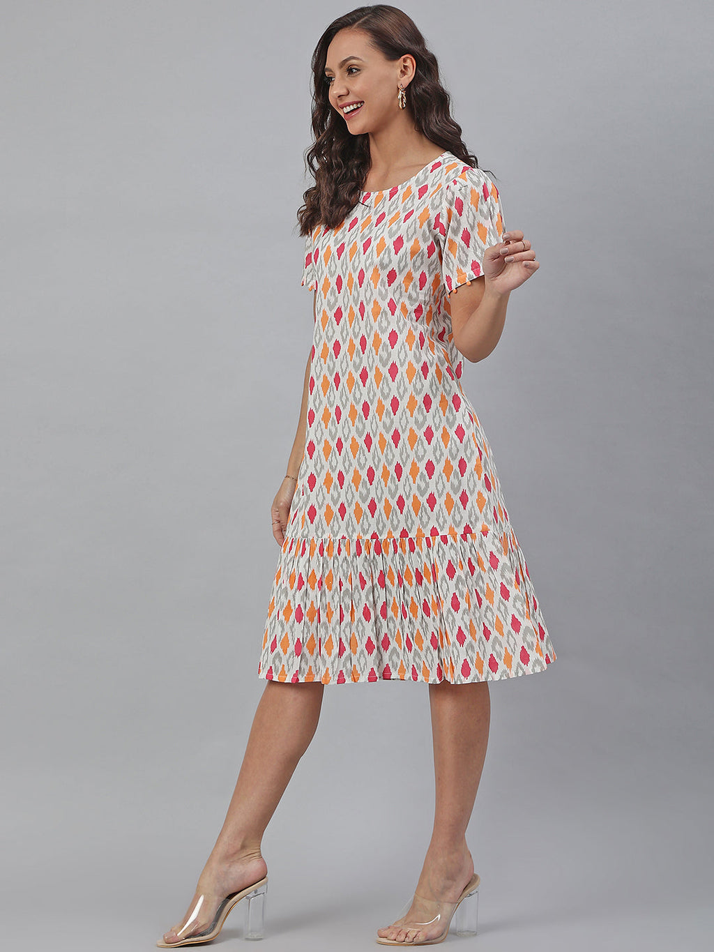 Janasya Women's Off White Cotton Printed A-line Western Dress | Grocsy