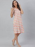 Janasya Women's Off White Cotton Printed A-line Western Dress | Grocsy