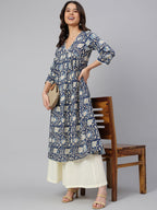 Janasya Navy Blue Cotton Floral Print Flared kurta | Grocsy