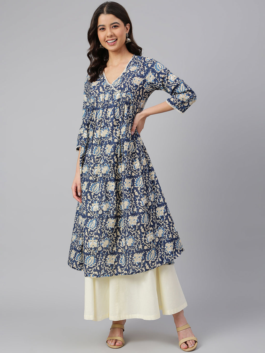 Janasya Navy Blue Cotton Floral Print Flared kurta | Grocsy