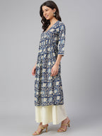 Janasya Navy Blue Cotton Floral Print Flared kurta | Grocsy