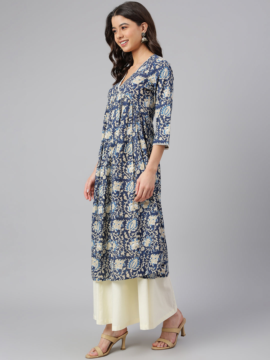Janasya Navy Blue Cotton Floral Print Flared kurta | Grocsy