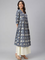 Janasya Navy Blue Cotton Floral Print Flared kurta | Grocsy