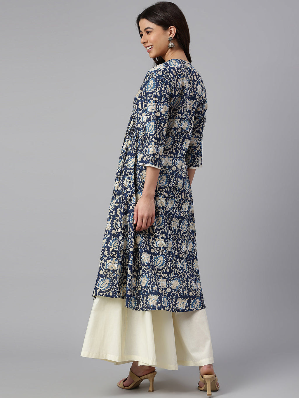 Janasya Navy Blue Cotton Floral Print Flared kurta | Grocsy