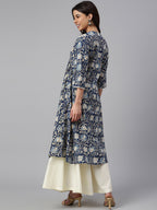 Janasya Navy Blue Cotton Floral Print Flared kurta | Grocsy