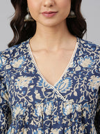 Janasya Navy Blue Cotton Floral Print Flared kurta | Grocsy