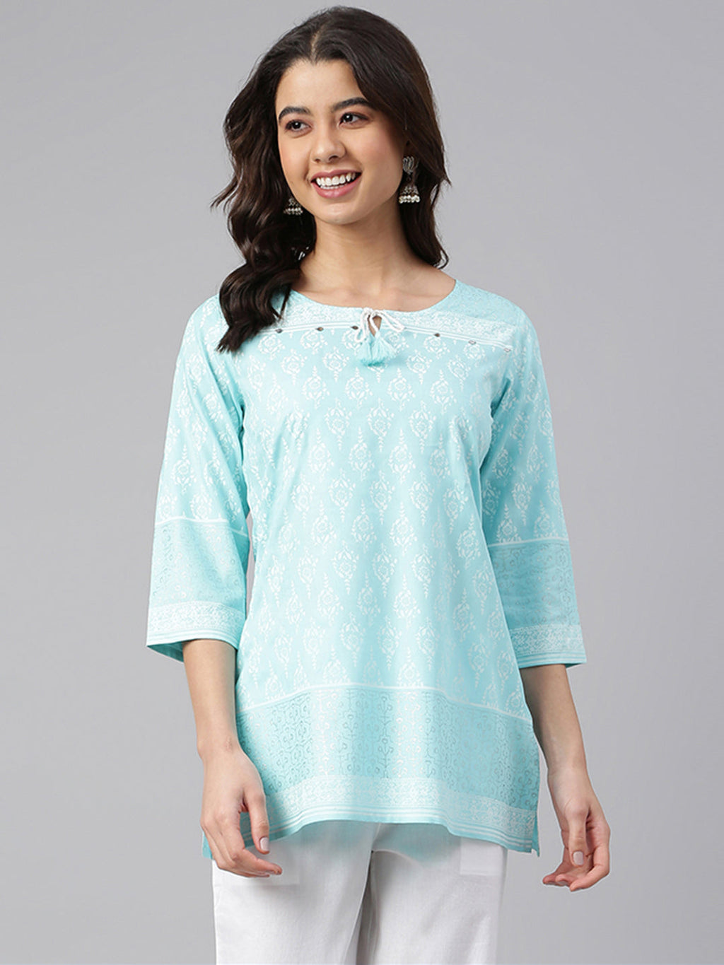 Janasya Women's Mint Blue Cotton Floral Print Straight Tunic | Grocsy