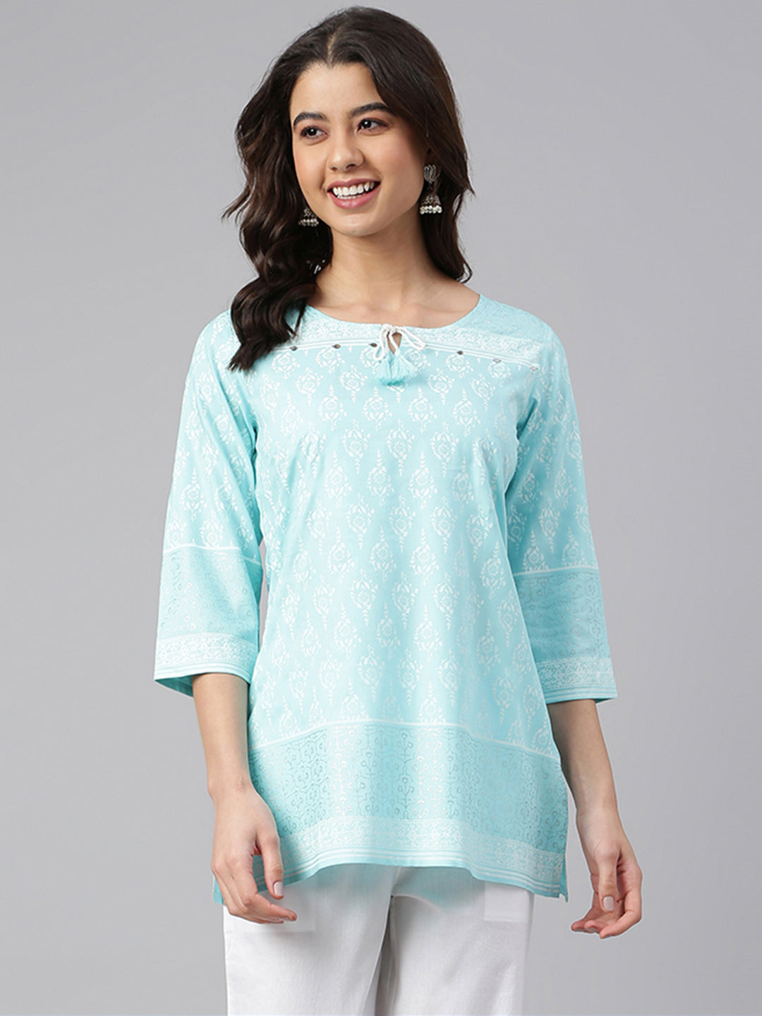 Janasya Women's Mint Blue Cotton Floral Print Straight Tunic | Grocsy
