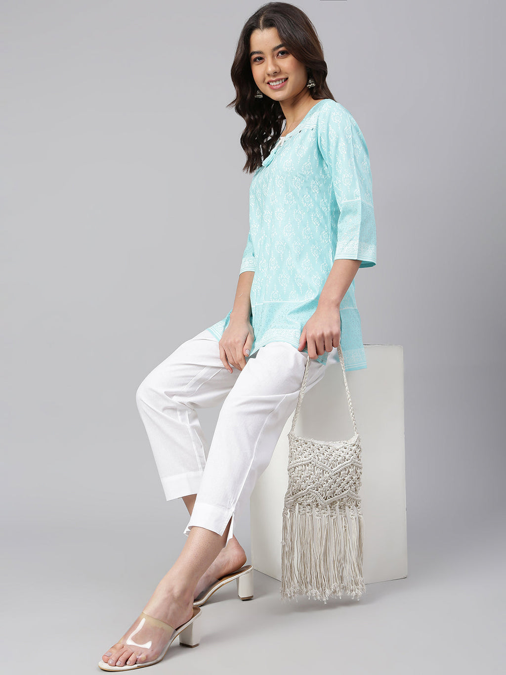 Janasya Women's Mint Blue Cotton Floral Print Straight Tunic | Grocsy