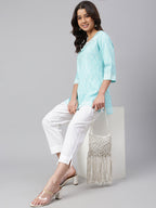 Janasya Women's Mint Blue Cotton Floral Print Straight Tunic | Grocsy