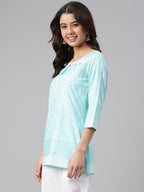 Janasya Women's Mint Blue Cotton Floral Print Straight Tunic | Grocsy