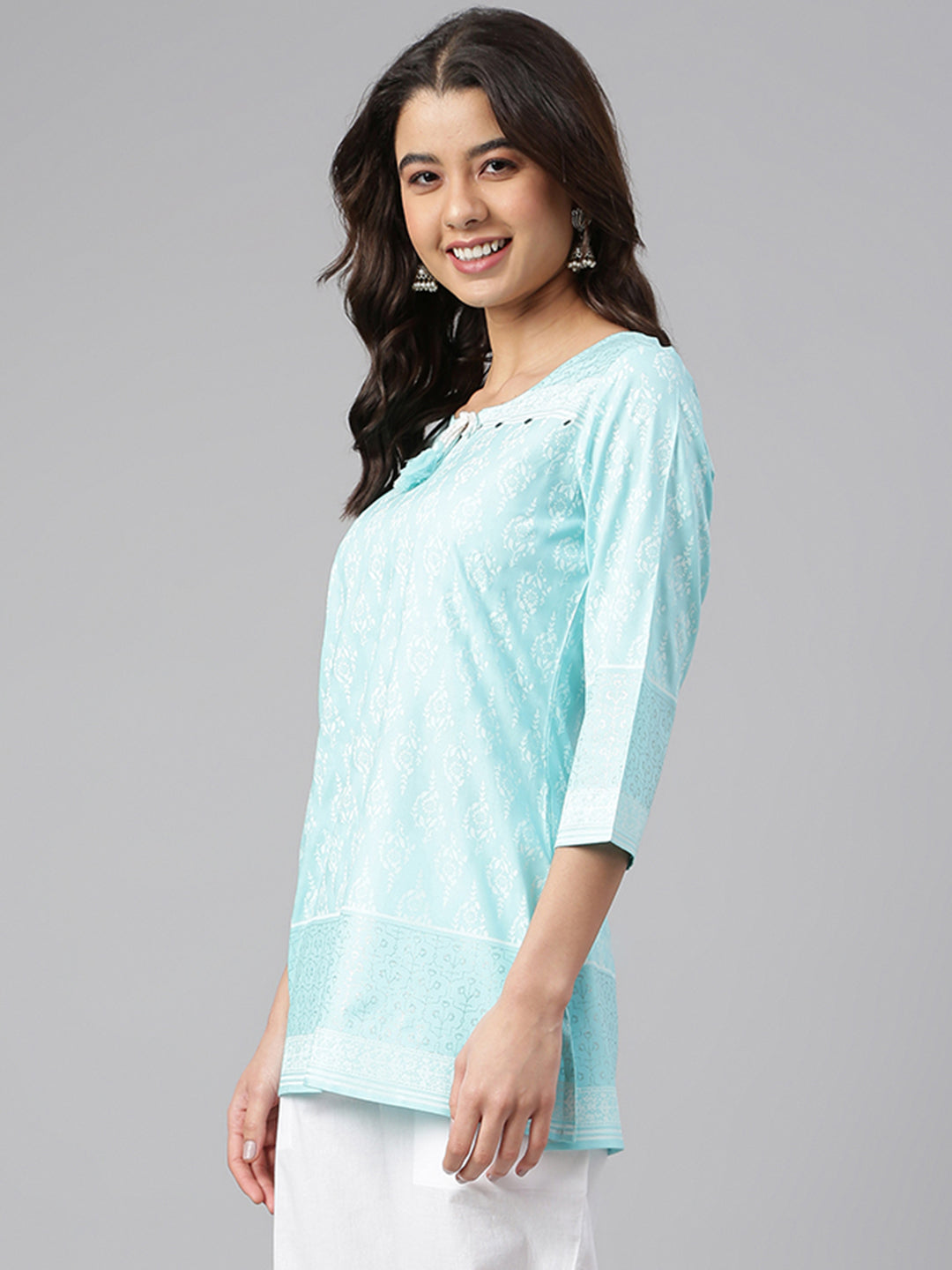 Janasya Women's Mint Blue Cotton Floral Print Straight Tunic | Grocsy