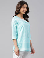 Janasya Women's Mint Blue Cotton Floral Print Straight Tunic | Grocsy