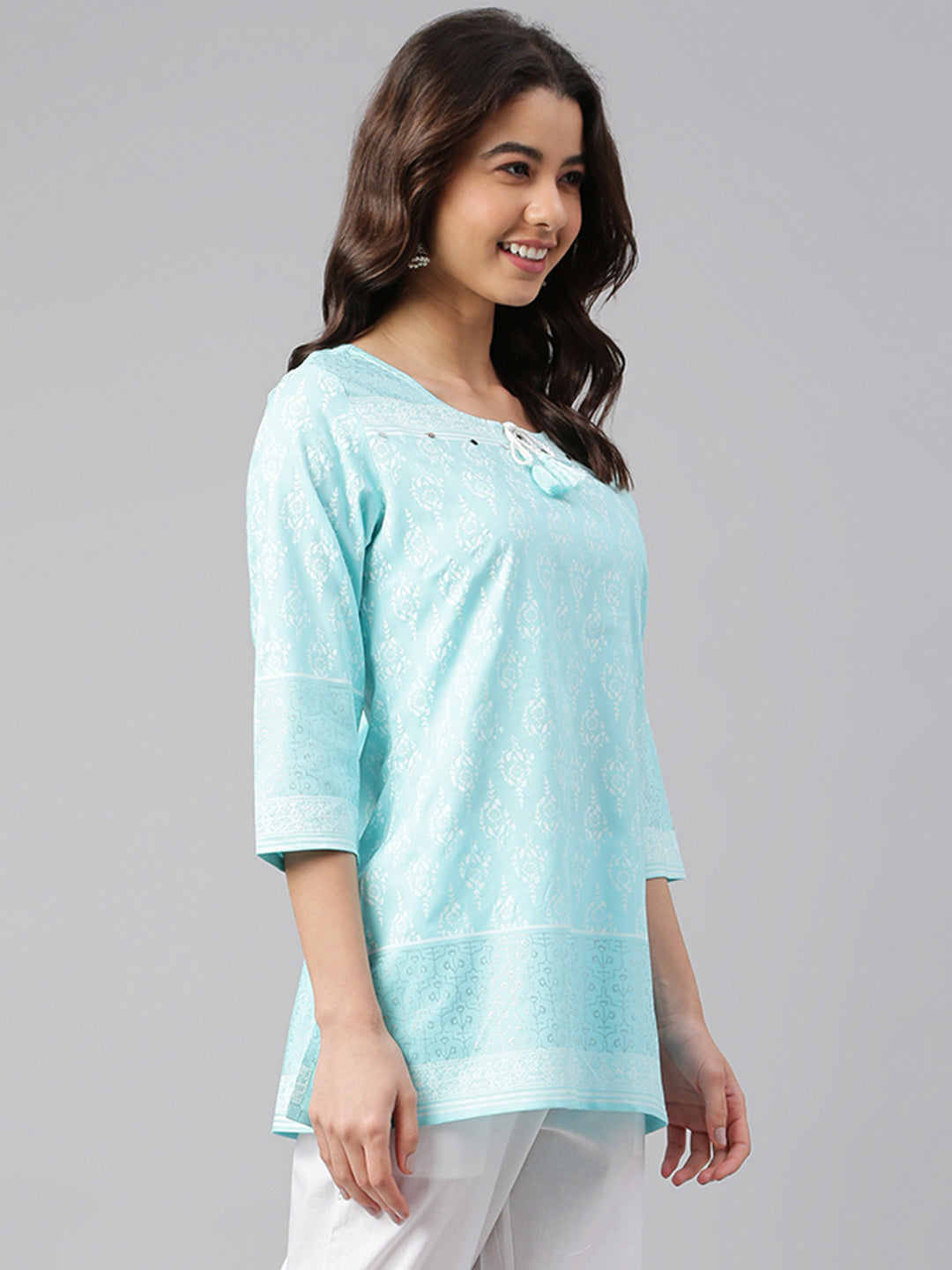 Janasya Women's Mint Blue Cotton Floral Print Straight Tunic | Grocsy