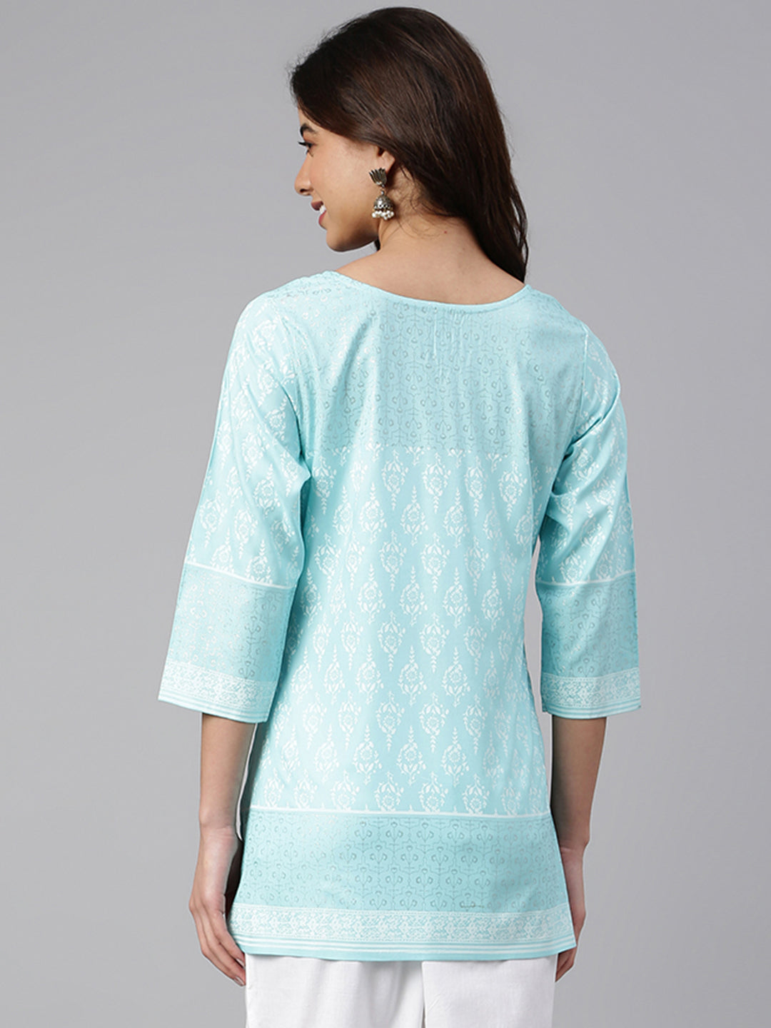 Janasya Women's Mint Blue Cotton Floral Print Straight Tunic | Grocsy