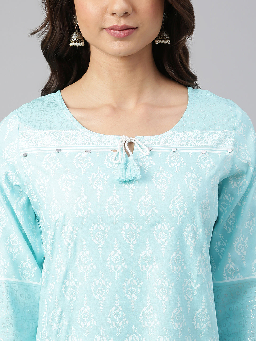 Janasya Women's Mint Blue Cotton Floral Print Straight Tunic | Grocsy