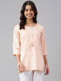Janasya Women's Peach Cotton Ethnic Motifs Straight Tunic | Grocsy