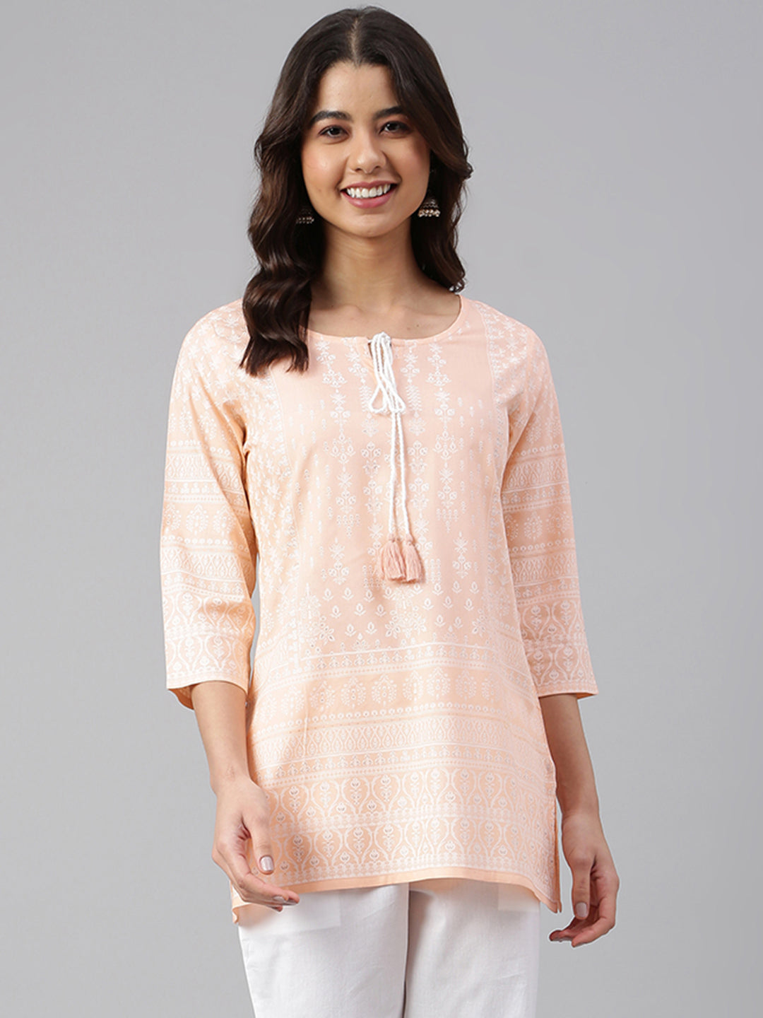 Janasya Women's Peach Cotton Ethnic Motifs Straight Tunic | Grocsy