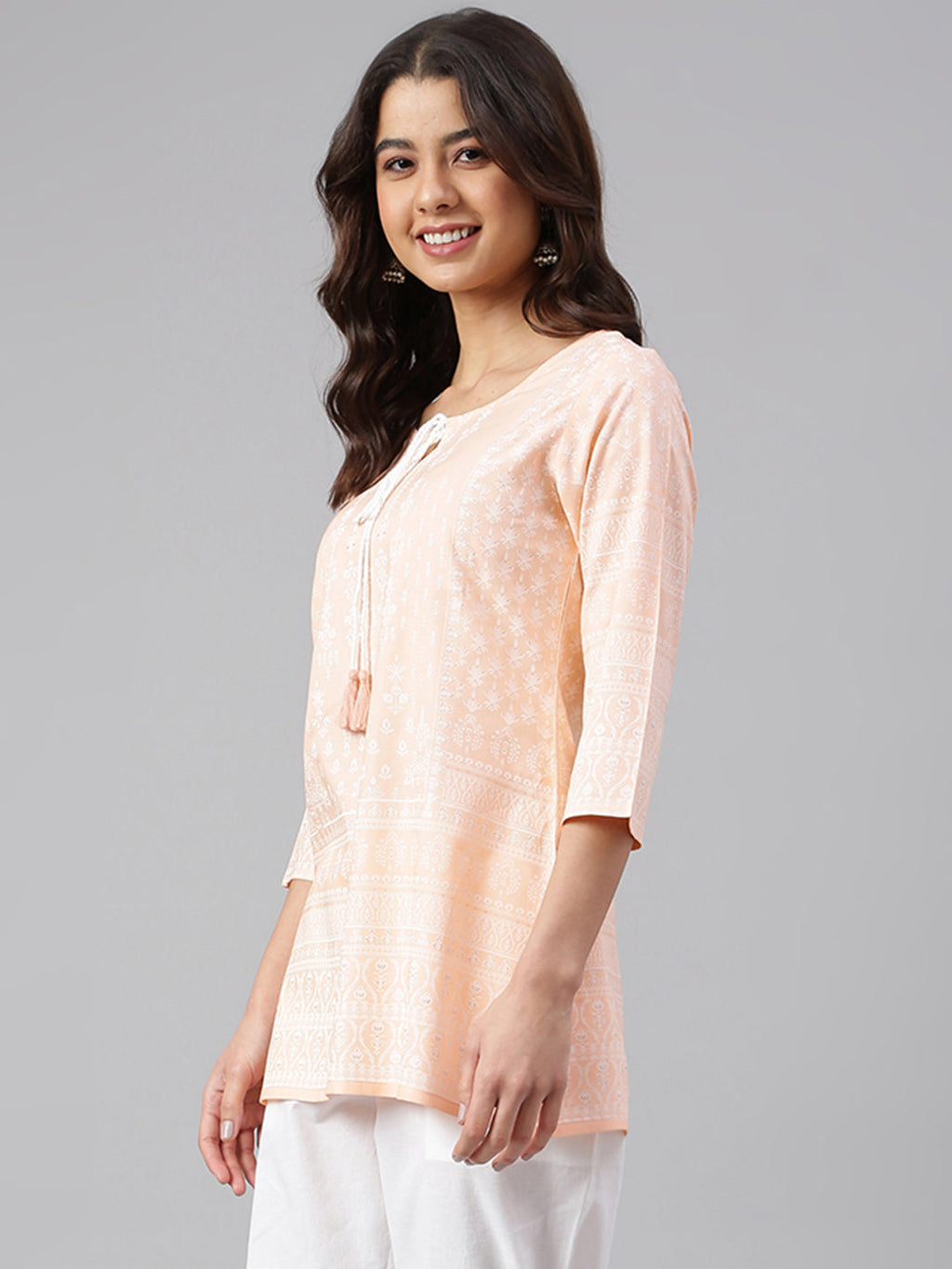 Janasya Women's Peach Cotton Ethnic Motifs Straight Tunic | Grocsy