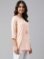 Janasya Women's Peach Cotton Ethnic Motifs Straight Tunic | Grocsy