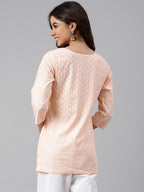 Janasya Women's Peach Cotton Ethnic Motifs Straight Tunic | Grocsy